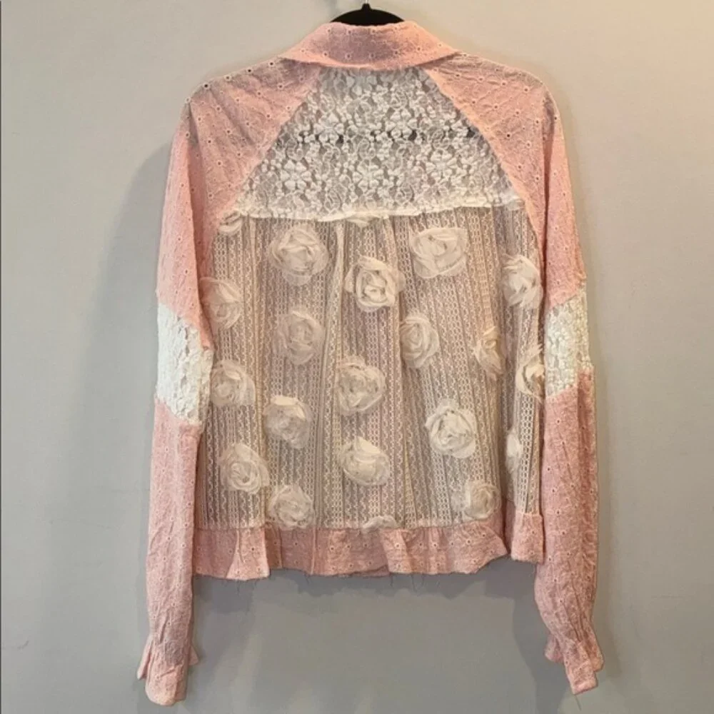 POL Shacket Women's Pink Pearl Lace Eyelet Woven Balloon Sleeve Front Pockets - Picture 3 of 7
